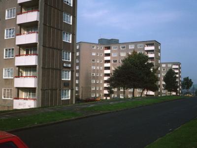 View North from Cock Hill Lane of Dowry Farm development, showing Quarry House (in foreground), Hillside House (centre), and Dowry House (background) (structures identical to those in Rubery Farm development)