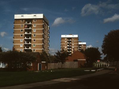 View of Wordsworth House (foreground), Tennyson House (centre), and Shakespeare House (background), looking North up Fairfax Road