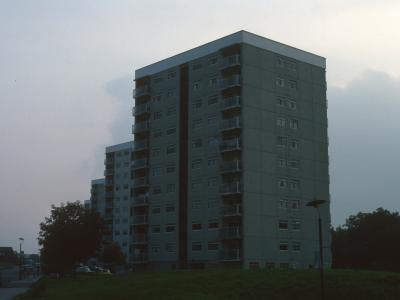 View of 11-storey blocks looking South down Shannon Road with Barberry House in foreground