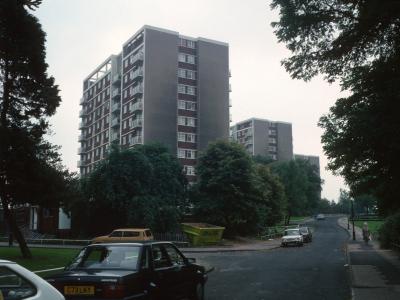 View of 12-storey blocks from Sutton Road with Normanton Tower in foreground