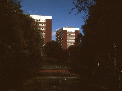 View of 11-storey blocks on  Hwkesley Farm Moat Estate