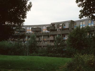 View of 7-storey crescent block on Hulme development, Stage 5