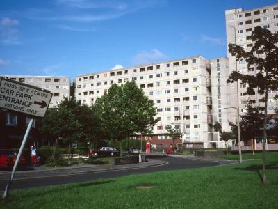 General view of mutli-storey blocks in Moss Side