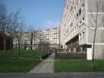 View of 10-storey blocks in Moss Side