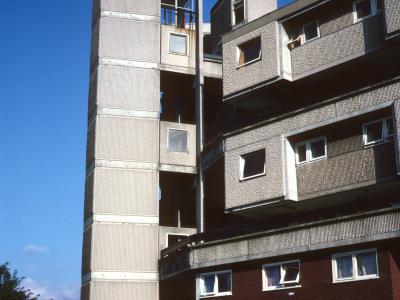 View of 6-storey block in Moss Side