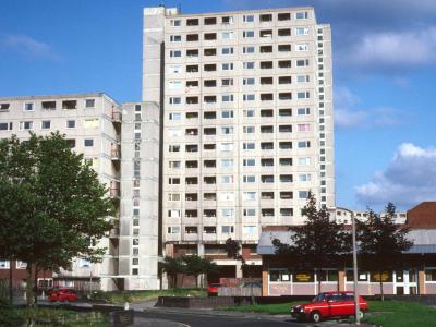 View of 16-storey block in Moss Side