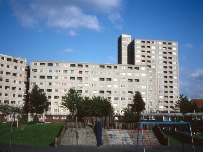 General view of mutli-storey blocks in Moss Side