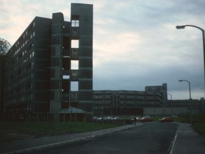 View of 10-storey block in Moss Side