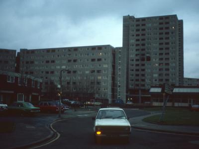 General view of mutli-storey blocks in Moss Side