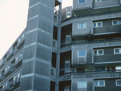 View of 10-storey block in Moss Side