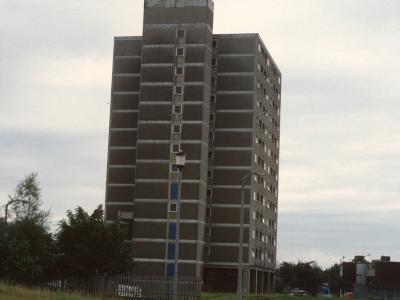 View of 13-storey block in Moss Side