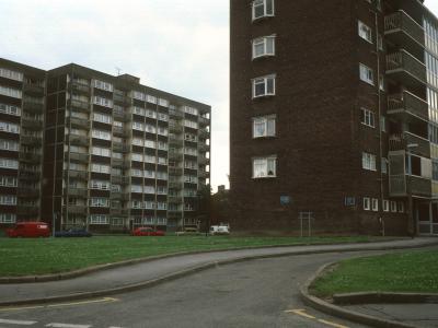 View of rear of Melville Street flats with 6-storey block in foreground
