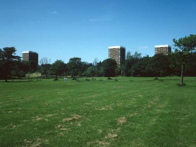 View of 15-storey blocks on Mossley Hill Drive from Sefton Park