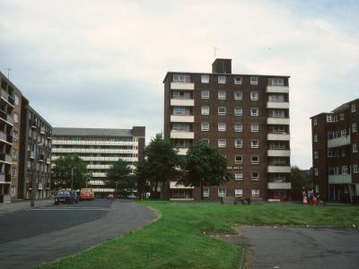 View of Bainford House with 6-storey block to left of image and 8-storey block in background