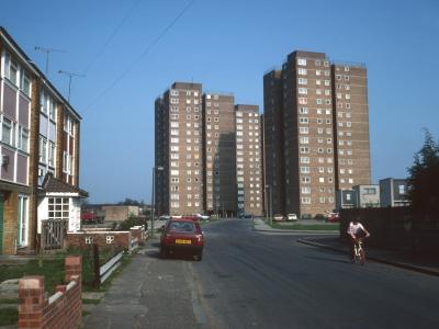 View of 16-storey blocks on Leicester Road