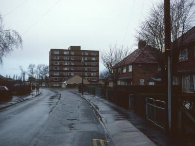 View of 7-storey block on Bournville Estate