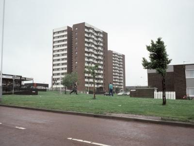 View of Barford Court (foreground) and Stretford Court from northeast
